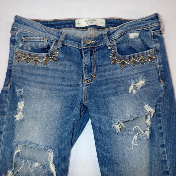 Abercrombie & Fitch Womens Low Rise Jeweled Denim Jeans Size 8 W 29 Distressed - Picture 2 of 9